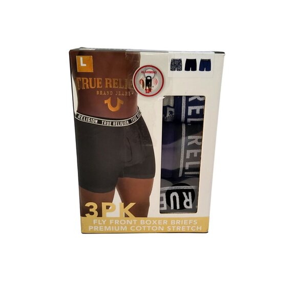 True Religion Mens 3-Pack Fly Front Boxer Briefs Premium Cotton Stretch Size L - Picture 1 of 5